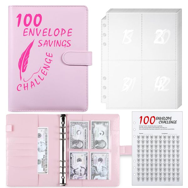 100 Envelope Challenge Binder, 25 Sheets Silkscreen Numbers to 100, Not Stickers, Reusable Tracker, Easy and Fun 100 Envelopes Money Saving Challenge Save $5050, Budget Planner & Saving Money (Pink)