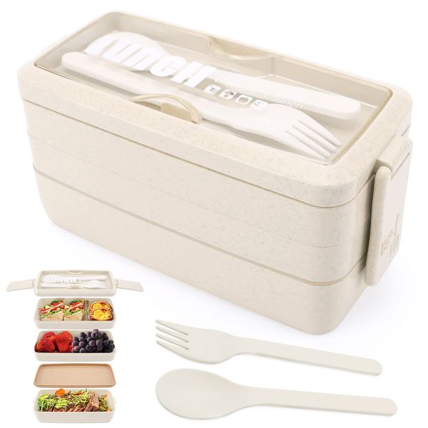 Yirochan 3 Layer Lunch Box Bento Box for Adults, 4-in-1 Meal Prep Container with Fork & Spoon, 1000ml Food Storage Box for Men Women Student School Office, Microwave Dishwasher Safe Available (Beige)