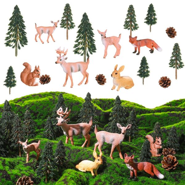 26 Pcs Forest Animal Figurines Toys Woodland Creatures Grassland Diorama Kit Plastic Rainforest Animals Habitat Playset with Model Trees for Birthday Cake Topper Kids Toddlers Educational Learning