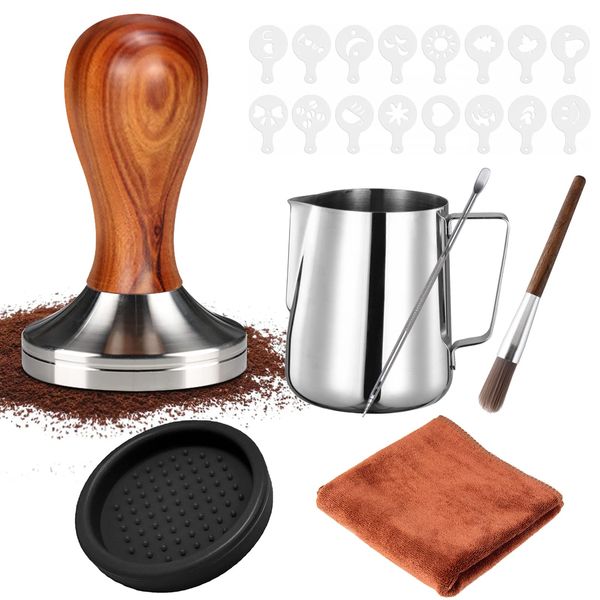 YUTUY Coffee Tamper Set 51 mm, Espresso Tamper Set, Tamper Mat and Milk Jug (350 ml), Including Tamper Mat, Cleaning Cloth, 16 x Coffee Stencils, Latte Art Pen and Decorative Stencils