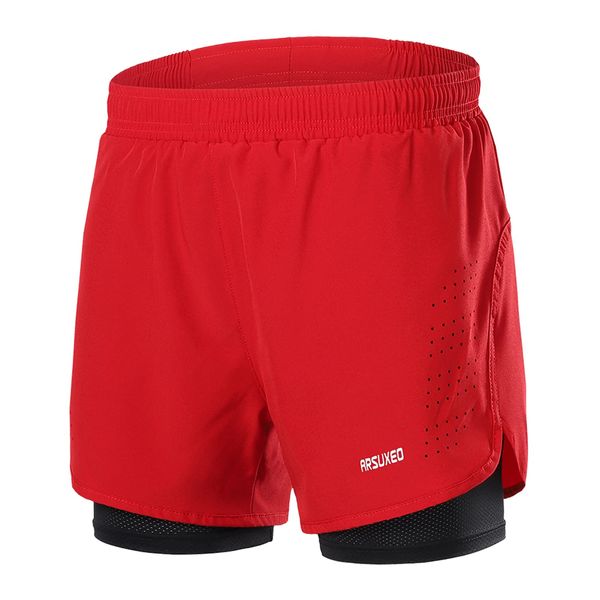 ARSUXEO Laufhose Herren Am Laufen Kurze Hose Gym Shorts mit Kompressionshose 2 in 1 Laufshorts für Fußball, Basketball oder das tägliche Leben B179 rot L