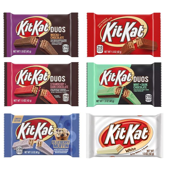 Hershey's KitKat 6 Bars Variety Assortment Mix Bundle Pack Chocolate Candy Singles - Milk - Dark- Mint - Mocha - Strawberry - Blueberry Muffin, 1.5 ounces