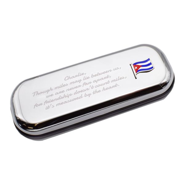 Chromed Pen Case Box with Cuba Wave Flag Design, Personalised Engraved Message Option