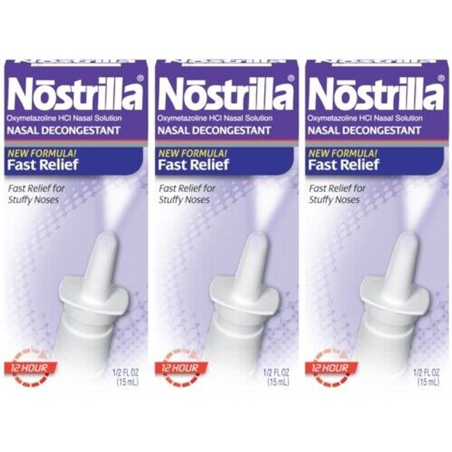 3 Pack Nostrilla Nasal Decongestant 12 Hour Fast Relief 15 ml for Stuffy Noses