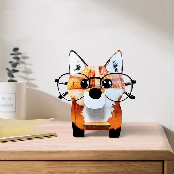 Cute Creative Animal Glasses Holder, 1Pc Wooden Animal Glasses Shaped Frame Home Office Desktop Decor Wooden Glasses Holder Desk Accessory, Home Office Decor, Birthday Gift (Fox)