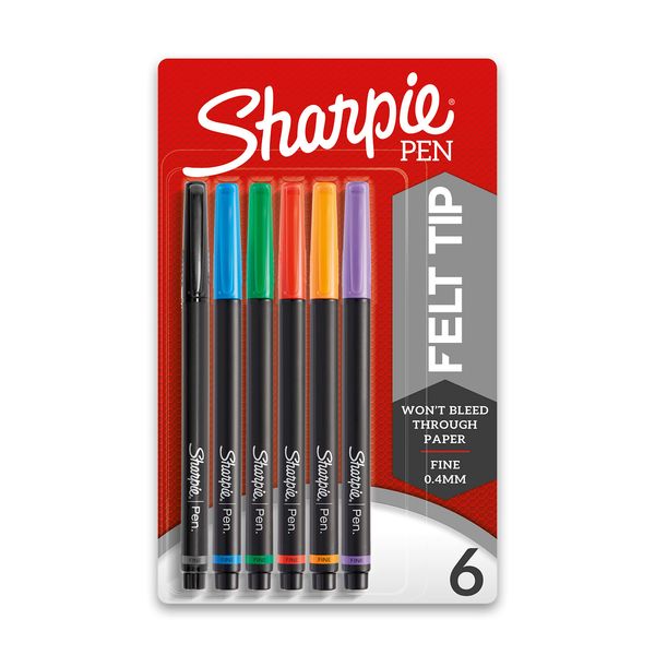 SHARPIE 1976527 Pen, Fine Point, Assorted Colors, 6-Count