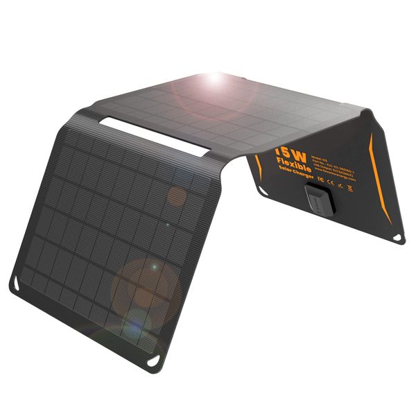 FlexSolar 15W Small Solar Panel Charger 5V USB Output ETFE Lightweight Foldable Portable Powerfilm Energy IP67 Waterproof Emergency Camping Hiking Backpacking for Cell Phones Fans