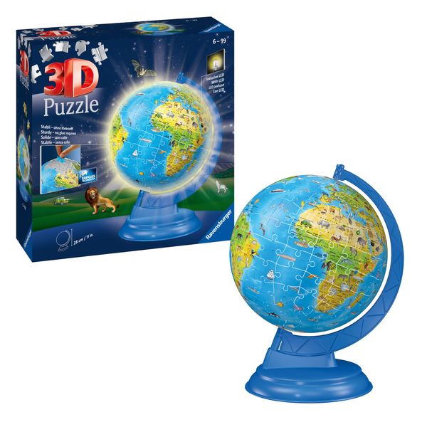 Ravensburger 3D Puzzle 11274 - Kinderglobus mit Licht in deutscher Sprache - 180 Teile - Beleuchteter Globus für Kinder ab 6 Jahren