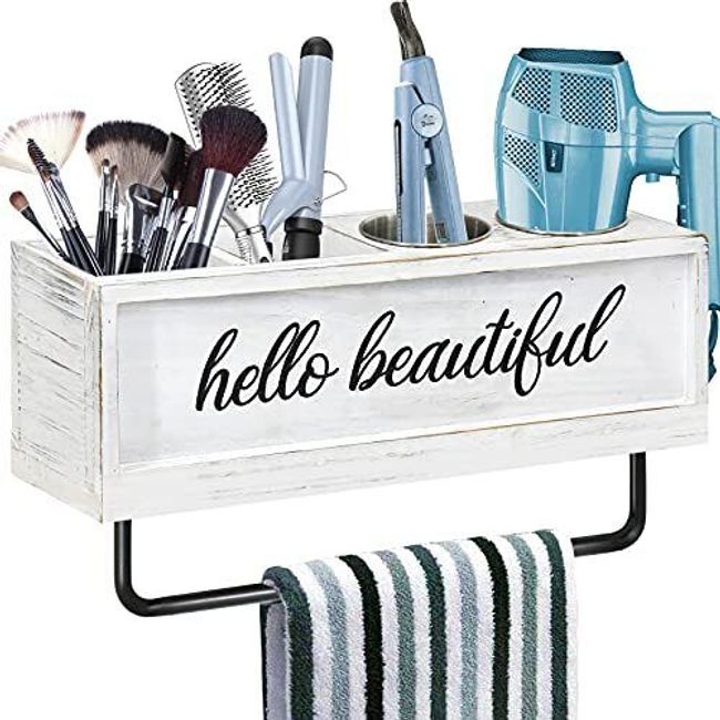 Rustic Hair Dryer Holder Wall Mounted Hair Tools And Styling Organizer With Towe