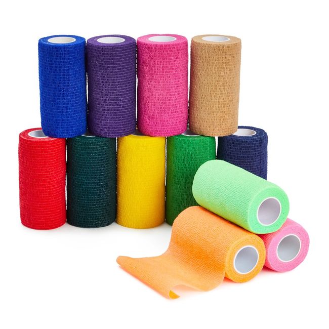 12 Rolls Self Adhesive Bandage Wrap, 4 In Wide Cohesive Tape, 12 Colors, 5 Yards