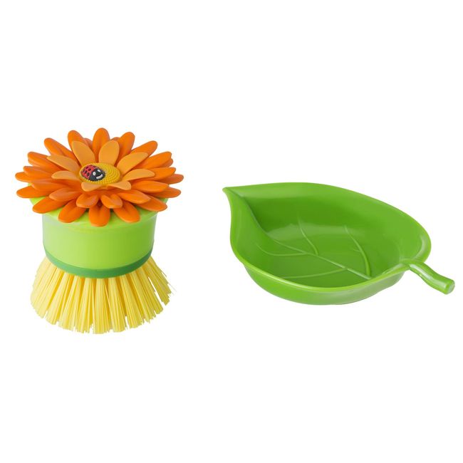  Vigar Flower Power Orange Palm Dish Brush With Holder,  5-3/4-Inches by 3-3/4-Inches, Yellow, Green, Orange: Home & Kitchen