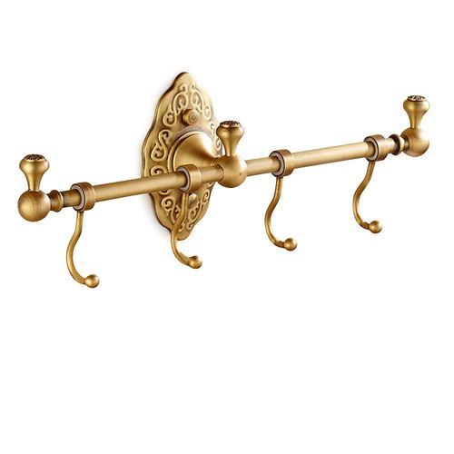 CAIHAOA Wall Mounted Towel Rail Bar w/4 Hooks, Antique Brass Towel Hook Rack, Bathroom Towel Racks, Vintage Coat Hook Rack Holders for Bathrooms, Bedrooms, Kitchens