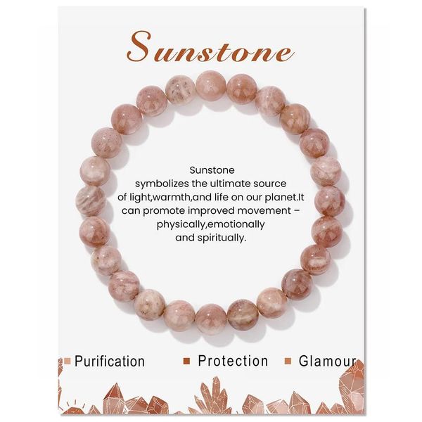 Hemasa 8mm Natural Stone Beads Bracelet/Amethysts/Lapis Lazuli/Rose Pink Crystal Stretch Bracelet With Card For Women Men Gift Sunstone