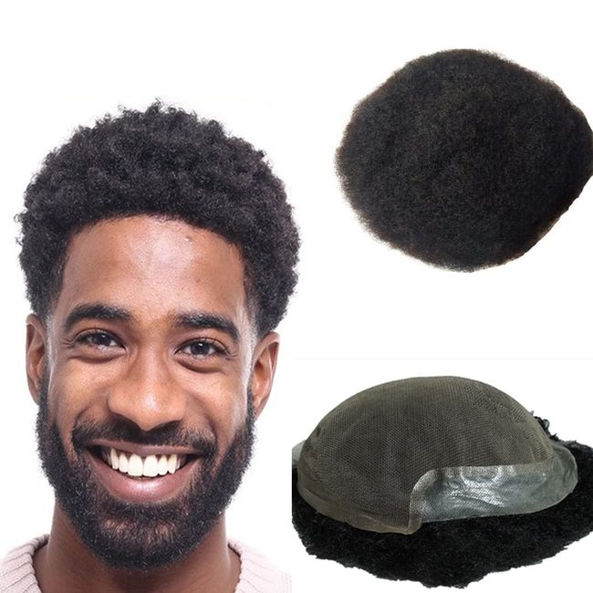 Full Lace Afro Toupee Human Hair Piece Men's hair Replacement System with  PU around toupee for men 10x8 mens toupee #1 Jet Black color