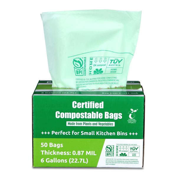 Primode Compostable Bags 6 Gallon Food Scraps Yard Waste Bags, 50 Count, Extra Thick 0.87 Mil. ASTMD6400 Compost Bags Small Kitchen Trash Bags, Certified By BPI And TÜV AUSTRIA