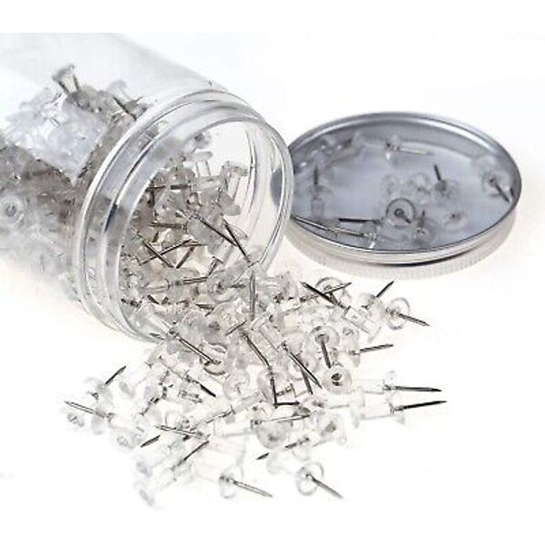 200 Push Pins Clear Head Thumb Tacks Plastic Steel Point Standard Reusable Home