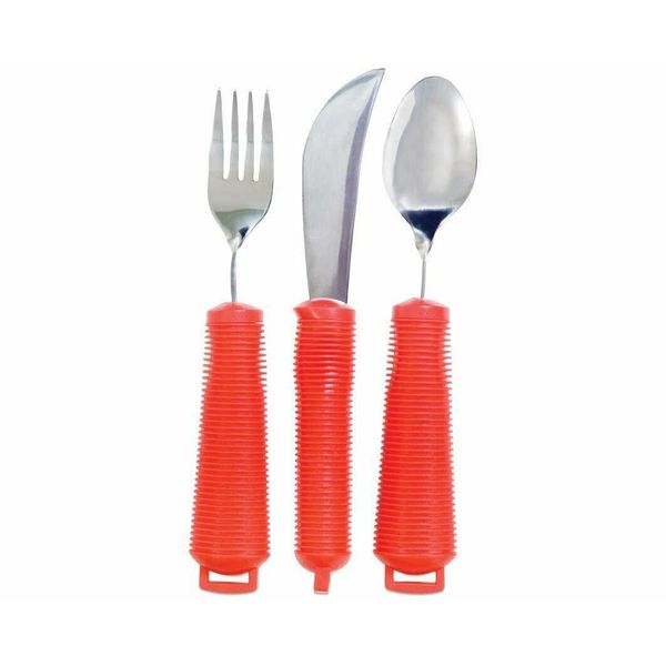 NEW 3 Piece Easy Grip Red Flatware Set, Bendable Built Up Fork, Knife, and Spoon