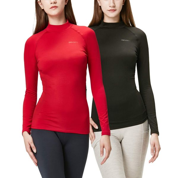 DEVOPS Women's 2 Pack Thermal Turtle Long Sleeve Shirts Compression Baselayer Tops (X-Small, Black/Red)