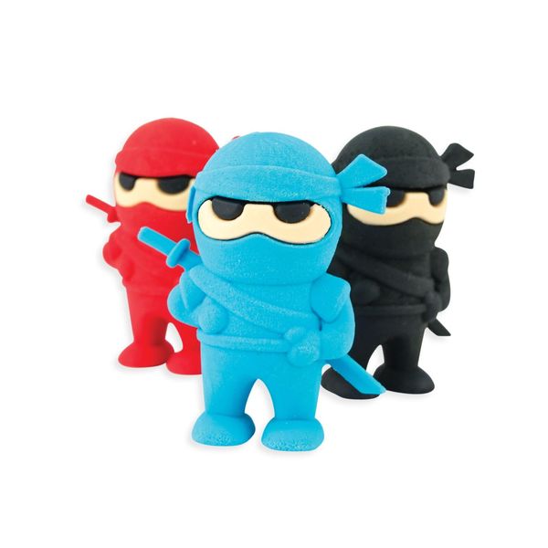 OOLY Ninja Erasers for Pencils, 1.75" Tall - Set of 3 Novelty Erasers for School, Home, and Office - Red, Blue, and Black Toy Erasers for Boys and Girls, Suitable as Mini Objects for Speech Therapy