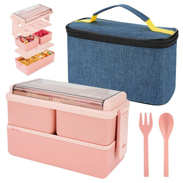 1400ml Lunch Box with 3 Compartments - 2 Layer Leak Proof Bento Box with Insulated Bag and Cutlery, Meal Prep Container Box for Adults Kids Students Office Microwave Dishwasher Safe Available (Pink)