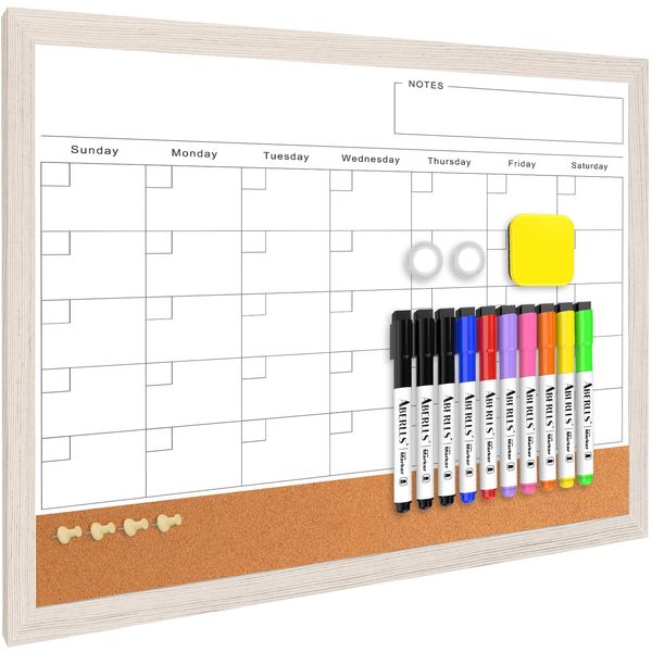 Monthly Whiteboard Calendar & Corkboard for Wall, Magnetic 17"x13" Dry Erase Board with White Wood Framed, 2in1 White Board Cork Board Combo, Calendar Bulletin Board for Kitchen Planner Memo Office