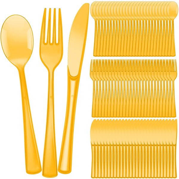 Minatee 150 Pieces Disposable Cutlery Set Plastic Silverware Heavy Duty Utensil Sets 50 Forks 50 Knives 50 Spoons for Home Office School Party Picnics Restaurant Outdoor Events (Orange)