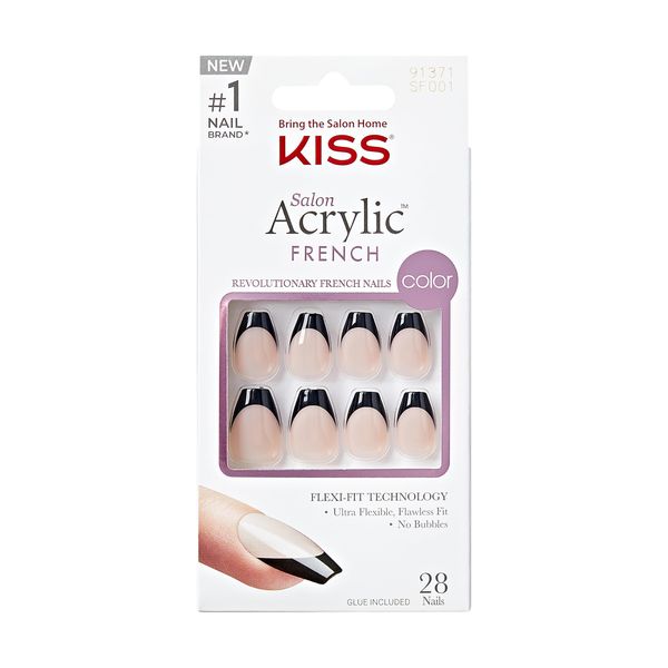 KISS Salon Acrylic French, Press-On Nails, Nail glue included, Flame', Dark Black, Short Size, Coffin Shape, Includes 28 Nails, 2G Glue, 1 Manicure Stick, 1 Mini File