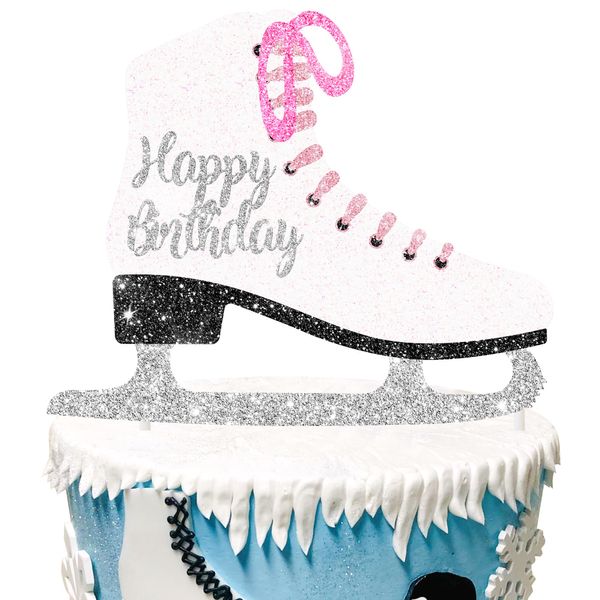 Ice Skate Birthday Cake Topper Silver Glitter Ice Skating Cake Topper Ice Skating Birthday Party Decorations for Girl Skater Figure Skating Birthday Party Winter Wonderland Decorations