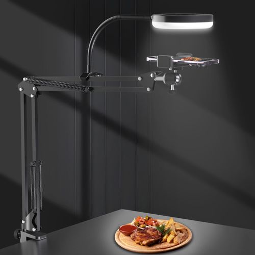 Overhead Phone Stand Recording with Selfie Ring Light, Desk Overhead Tripod Mount for Camera and Phone, Camera Arm Compatible with iPhone Sony A6000 YouTube Tiktok Video Cooking Photography