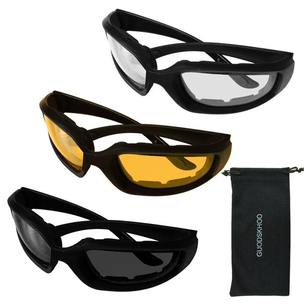 GUODSKHOO 3Pcs Sports Sunglasses Windproof Cycling Glasses Protection Light Night Vision Glasses Stylish Outdoor Glasses for Men Woman (Gray/Clear/Yellow)