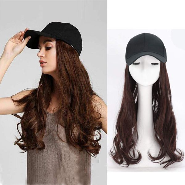 wig with hair hat wig with cap women medical long curly hair hat full wig synthetic hat wig small face effect long baseball cap wig long wave wig with hair for women adjustable cap for girls with synthetic curly extensions Daily Party (22in/55cm, light br