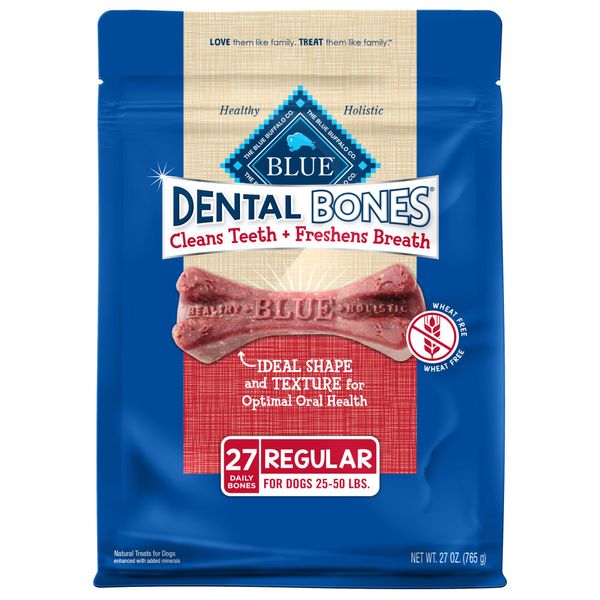 Blue Buffalo Dental Bones Regular Natural Dental Chew Dog Treats, (25-50 lbs) 27-oz Bag Value Pack