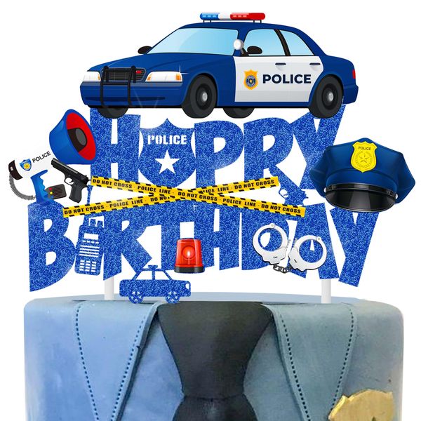 Police Birthday Party Cake Topper Police Car Cake Pick Police Officer Party Decorations Cops Birthday Party Decoration Glitter Blue Police Cake Topper for Kids Birthday Party