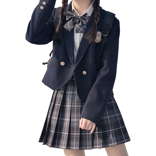 [cnstone] High School Uniform School Uniform Sailor Uniform JK Uniform High School Uniform 5-piece Set Ribbon Blazer Skirt Check Set School Fashion Women's Matching Graduation Suit Halloween Cosplay (M, Black)