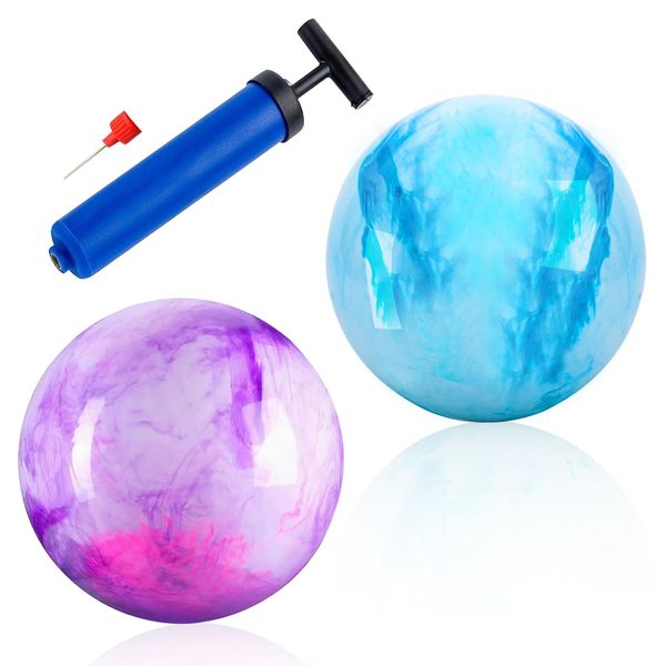 BLMHTWO 2 Pcs 9 Inches Marbleized Bouncy Balls Fun Bouncy Balls With Pump for Boys Girls Inflatable Playground Sensory PVC Bouncy Balls for Adults Pet Party Beach(White, blue-green and pink purple)