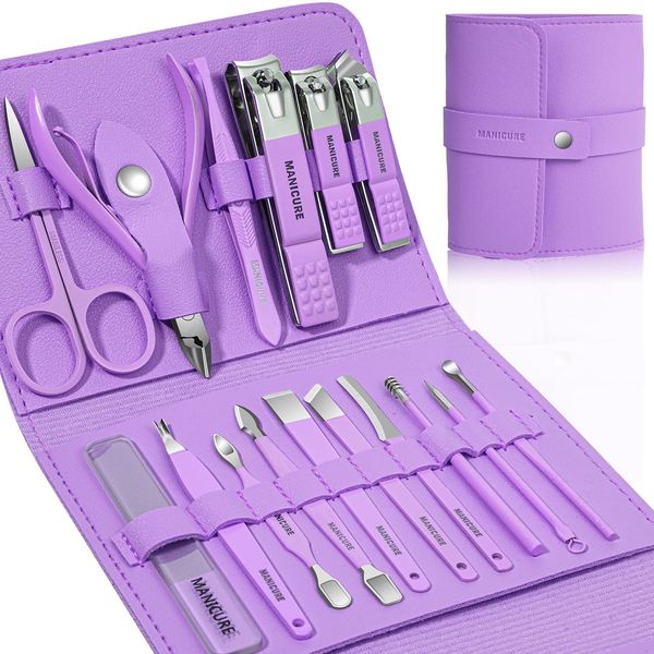 Manicure Set Professional Nail Clippers Pedicure Kit, 16 pcs Stainless Steel Nail Care Tools Grooming Kit with Luxurious Travel Leather Case for Thick Nails Men Women Gift (Violet)