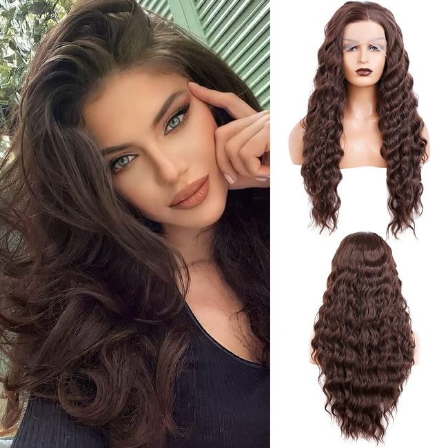 Salomezklm Lace Front Perücke Welliges Haar Braun Farbe Lange Perücken Glueless Hitzebeständige Faser Haar Synthetische Spitze Front Perücken für Mode Frauen (Dunkelbraun, 24 Zoll)