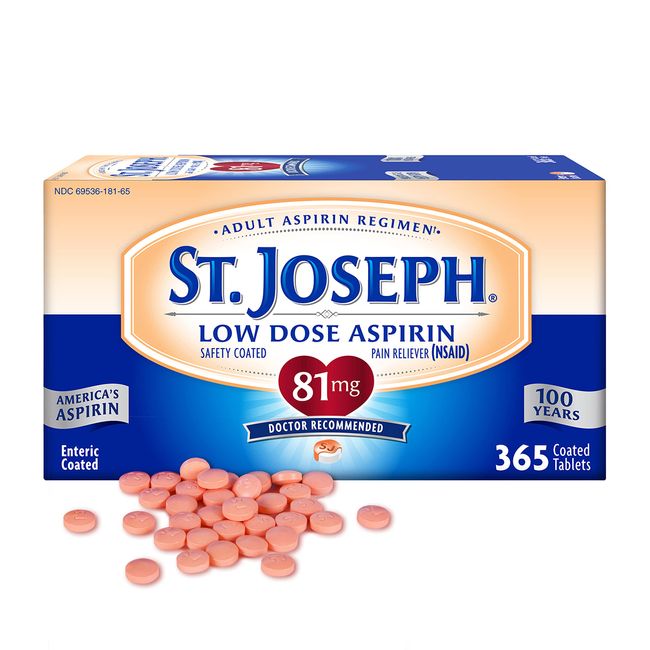 St. Joseph Aspirin Pain Reliever (NSAID) 81mg, Enteric Safety Coated, Adult Low Dose Regimen, 365 ct (1 Year Supply)