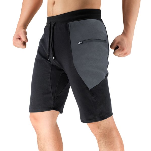 BROKIG Men's Sidelock Gym Workout Running Sport Shorts with Zipper Pockets (Medium,Spliced Grey)