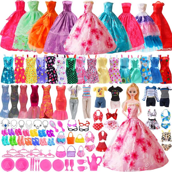 98 Pcs Doll Clothes and Accessories for 11.5 inch Doll, Wedding Gowns, Evening Dresses, Slip Dresses, Bikini Swimsuits, Set Casual Outfit Top and Pant Birthday for Girl Age 4-6 7-13