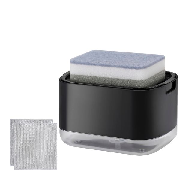 SPERO SPERA Kitchen Dish Soap Dispenser with Sponge Holder, 2-in-1 Countertop Soap Pump Dispenser, Soap Dispenser for Kitchen Sink with 2-Packs Wire Dishwashing Rag,Black
