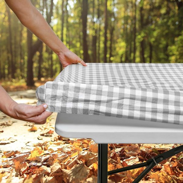 Tablecloth for Folding Table -Fitted Rectangular Table Cloth Plastic Vinyl Backed with Elastic Rim- for Christmas|Parties, Picnic (Gray Plaid, 6 ft, 32x72 inch)