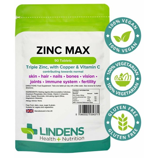 Lindens Triple Strength Zinc Citrate Max 3-PACK 270 Tablets w/ Vitamin C, Copper