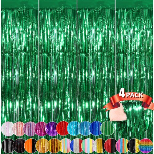 Green Metallic Tinsel Foil Fringe Curtains, 4 Pack 3.3x8.3 Feet Party Streamer for Birthday Party Decorations, Halloween Decor, Foil Curtain for Bachelorette Party