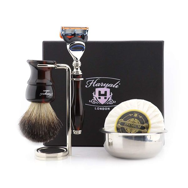 Haryali London Mens Shaving Kit 5 Edge Razor with Pure Black Badger Hair Shaving Brush, Stand, Bowl and Soap Perfect New Year Gift Set for Men