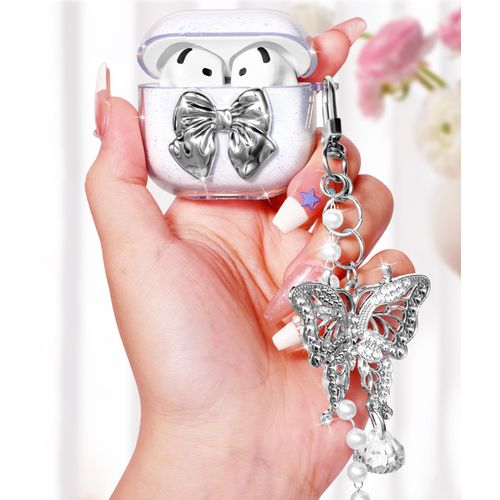 Boaretiu for Airpods 4 Case 2024 - Cute Kawaii for Women Girls with Keychain for AirPods 4th Generation Case Sliver Bow Design Girlish Girly Stylish Shell Aesthetic Pretty for Air pods 4 Cover