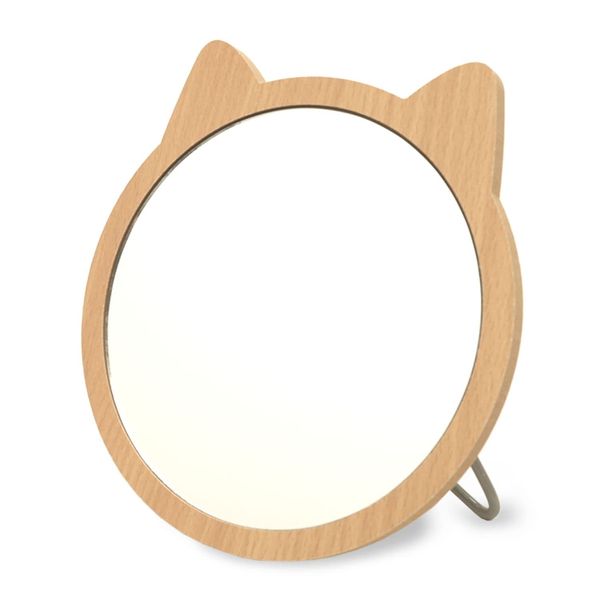 Taiko Wooden Stand Mirror, Tabletop or Angle Adjustment, Makeup Mirror, Foldable, Cat