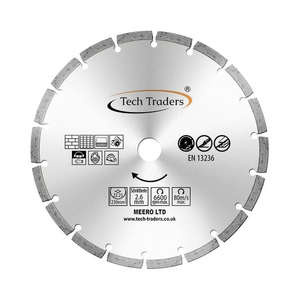 Tech Traders Diamond Cutting Disc 230mm 9" x 22.2 mm, Saw Blade for Universal use Angle Grinder, Diamond Cutting Blade for Concrete, Stone, Brick