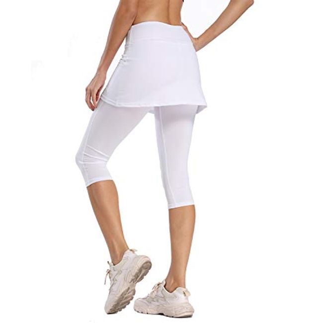 Ibeauti Womens UPF 50+ Yoga Skirted Capri Leggings Golf Tennis Pants with Skirt for Running Workout Active (White, X-Small)