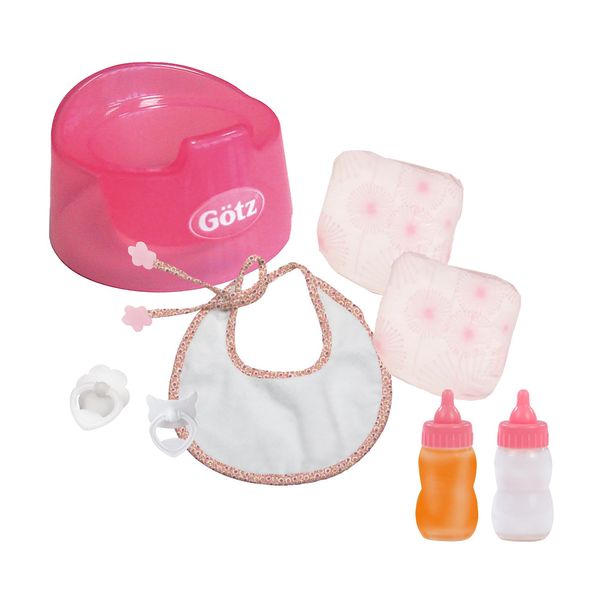 Gotz Basic Care Potty Training Set for Baby Dolls up to 16.5" - Includes Potty, Bib, Diaper, Milk Bottle and Juice Bottle